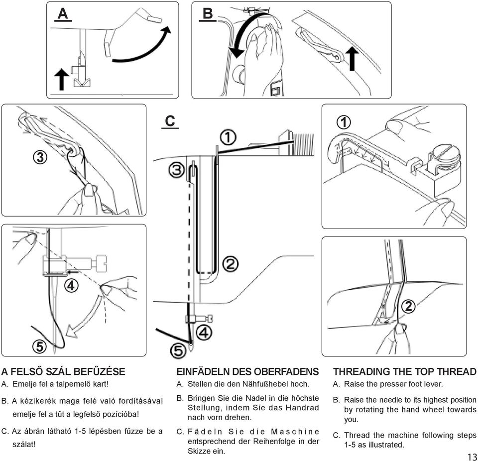 F ä d e l n S i e d i e M a s c h i n e entsprechend der Reihenfolge in der Skizze ein. THREADING THE TOP THREAD A. Raise the presser foot lever. B.
