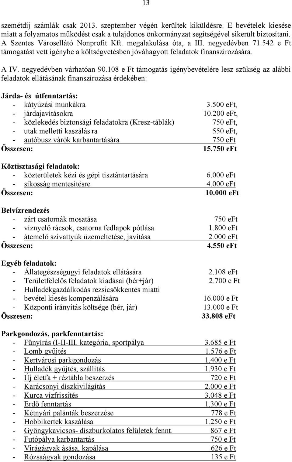 108 e Ft támogatás igénybevételére lesz szükség az alábbi ellátásának finanszírozása érdekében: Járda- és útfenntartás: - kátyúzási munkákra 3.500 eft, - járdajavításokra 10.