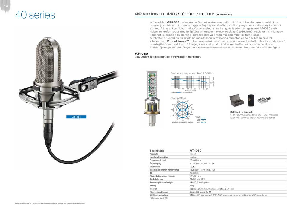 A klasszikus ribbon mikrofonok meleg, sima hangzását adó, kézi gyártású AT4080 aktív ribbon mikrofon robusztus felépítése a hosszan tartó, megbízható teljesítményt biztostja, míg nagy kimeneti
