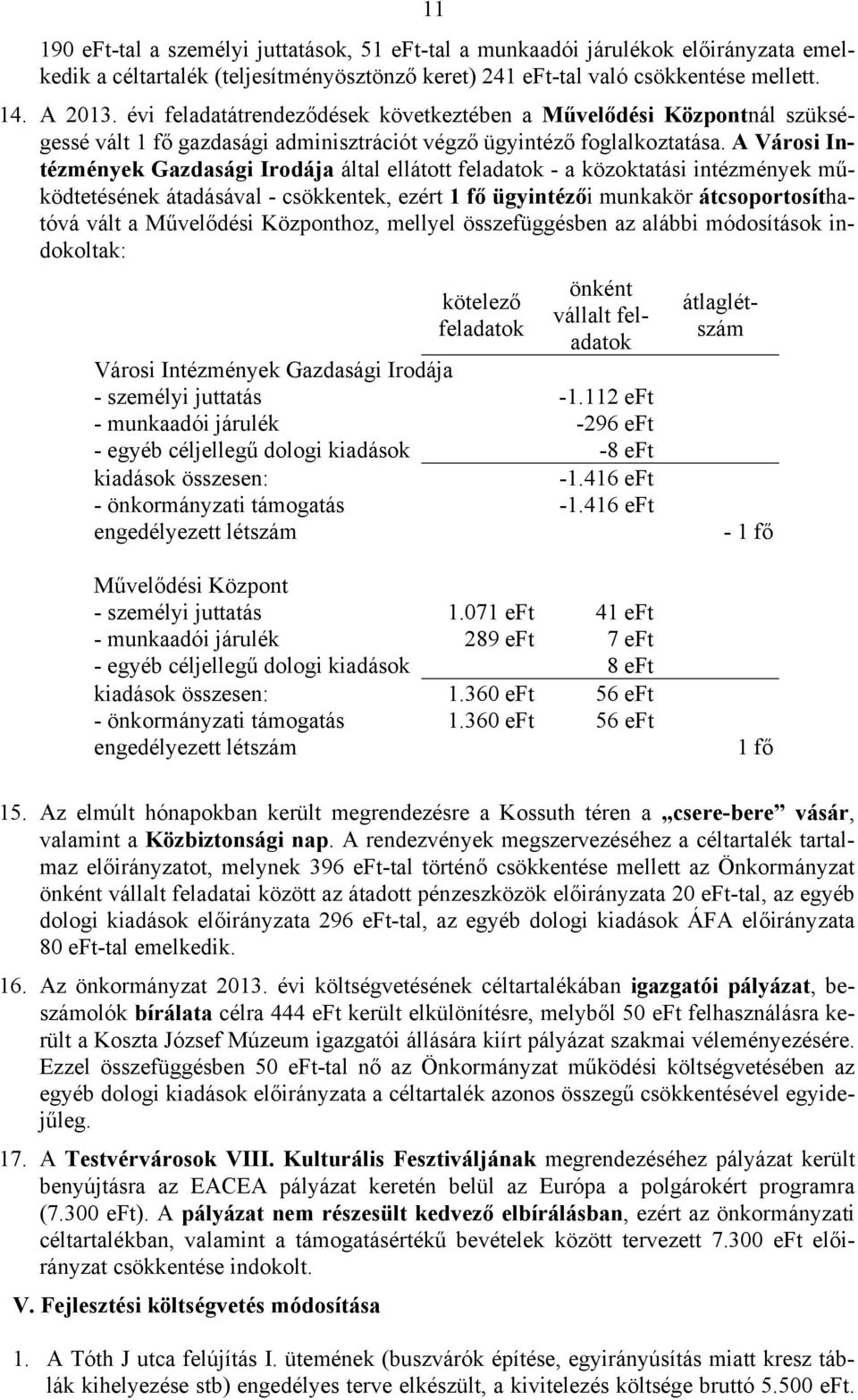 A Városi ek Gazdasági Irodája által ellátott - a közoktatási intézmények működtetésének átadásával - csökkentek, ezért 1 fő ügyintézői munkakör átcsoportosíthatóvá vált a Művelődési Központhoz,