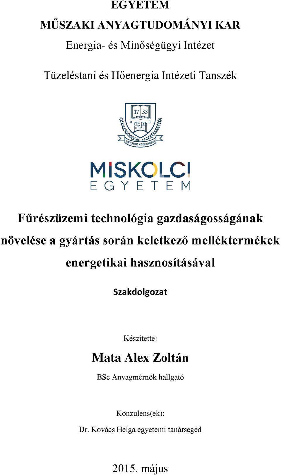 gyártás során keletkező melléktermékek energetikai hasznosításával Szakdolgozat