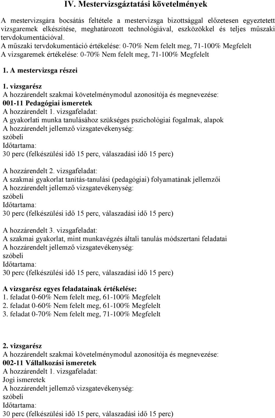 A mestervizsga részei 1. vizsgarész A hozzárendelt szakmai követelménymodul azonosítója és megnevezése: 001-11 Pedagógiai ismeretek A hozzárendelt 1.