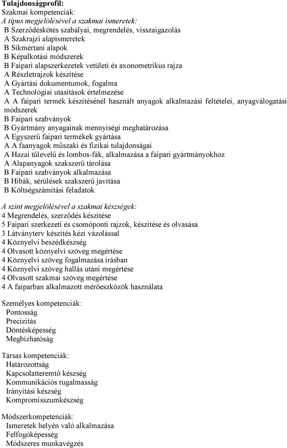 készítésénél használt anyagok alkalmazási feltételei, anyagválogatási módszerek B Faipari szabványok B Gyártmány anyagainak mennyiségi meghatározása A Egyszerű faipari termékek gyártása A A faanyagok