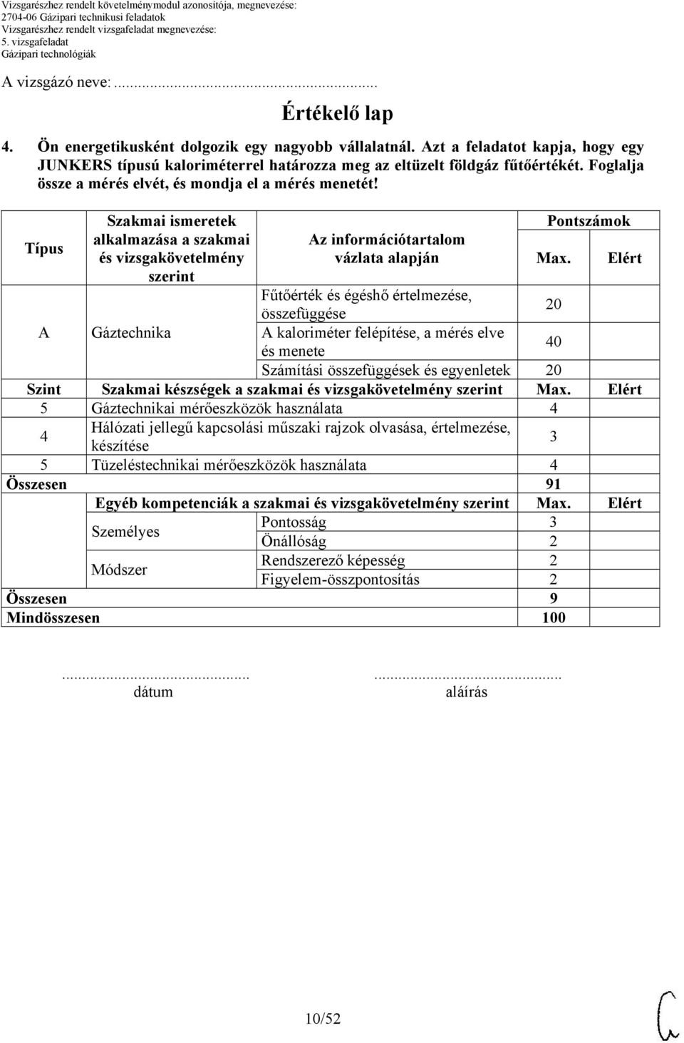 Elért Fűtőérték és égéshő értelmezése, összefüggése 20 A Gáztechnika A kaloriméter felépítése, a mérés elve és menete 40 Számítási összefüggések és egyenletek 20 Szint Szakmai készségek a szakmai és