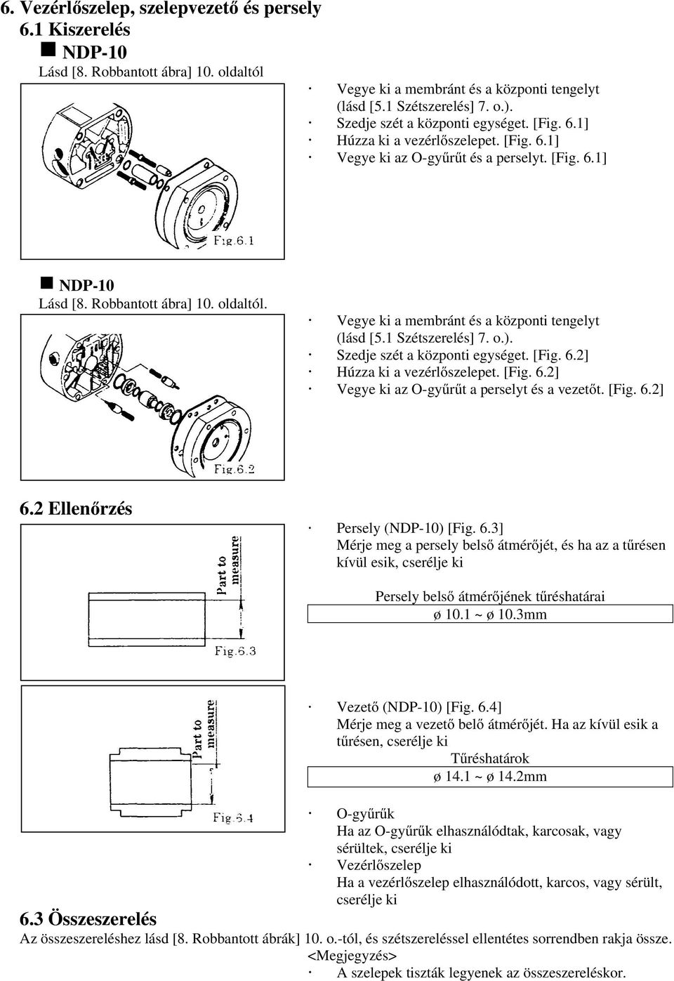 Vegye ki a membránt és a központi tengelyt (lásd [5.1 Szétszerelés] 7. o.). Szedje szét a központi egységet. [Fig. 6.2] Húzza ki a vezérlıszelepet. [Fig. 6.2] Vegye ki az O-győrőt a perselyt és a vezetıt.