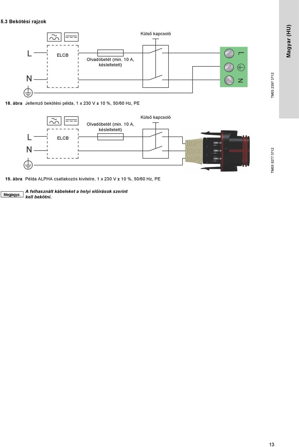 ábra Jellemző bekötési példa, 1 x 230 V ± 10 %, 50/60 Hz, PE ELCB Olvadóbetét (min.