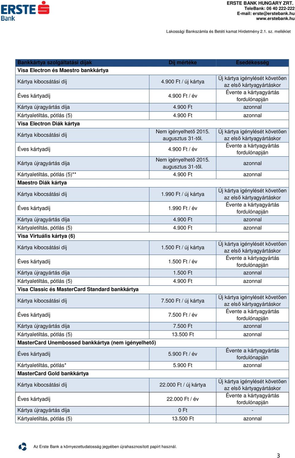 900 Ft azonnal Maestro Diák kártya 1.990 Ft / új kártya 1.990 Ft / év Kártya újragyártás díja 4.900 Ft azonnal Kártyaletiltás, pótlás (5) 4.900 Ft azonnal Visa Virtuális kártya (6) 1.