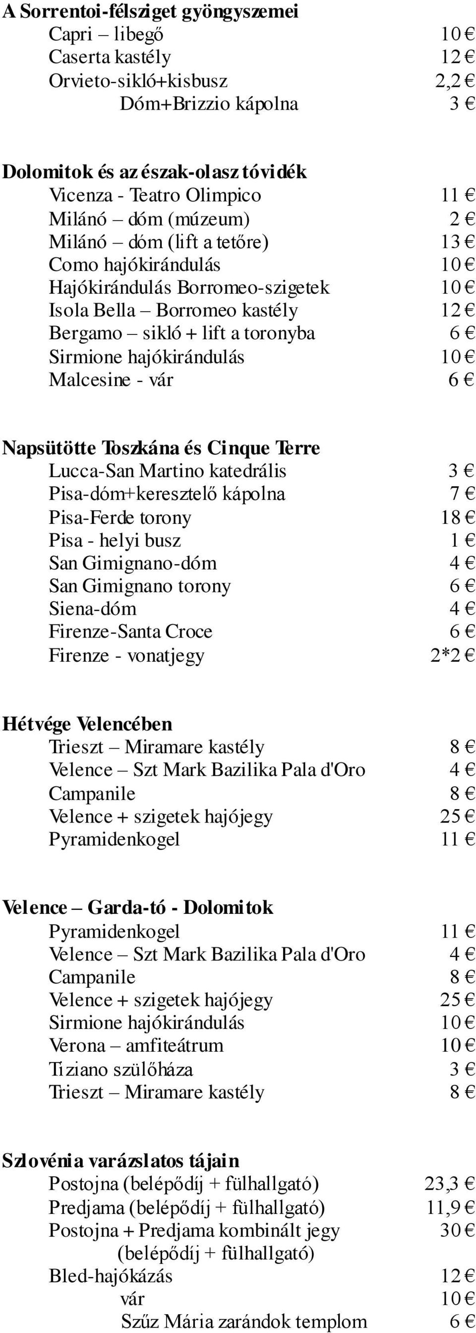 Malcesine - vár 6 Napsütötte Toszkána és Cinque Terre Lucca-San Martino katedrális 3 Pisa-dóm+keresztelő kápolna 7 Pisa-Ferde torony 18 Pisa - helyi busz 1 San Gimignano-dóm 4 San Gimignano torony 6