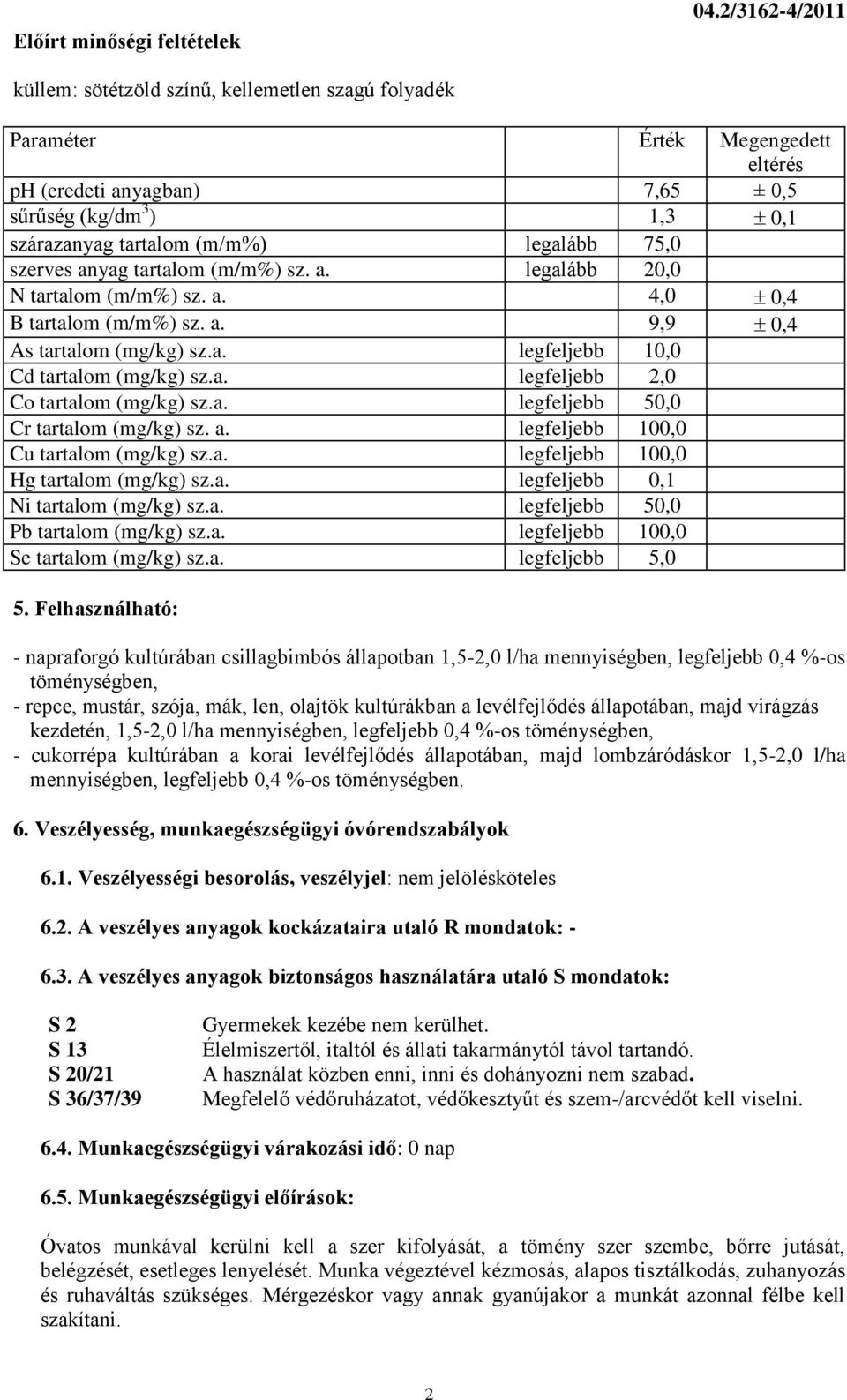 75,0 szerves anyag tartalom (m/m%) sz. a. legalább 20,0 N tartalom (m/m%) sz. a. 4,0 0,4 B tartalom (m/m%) sz. a. 9,9 0,4 As tartalom (mg/kg) sz.a. legfeljebb 10,0 Cd tartalom (mg/kg) sz.a. legfeljebb 2,0 Co tartalom (mg/kg) sz.