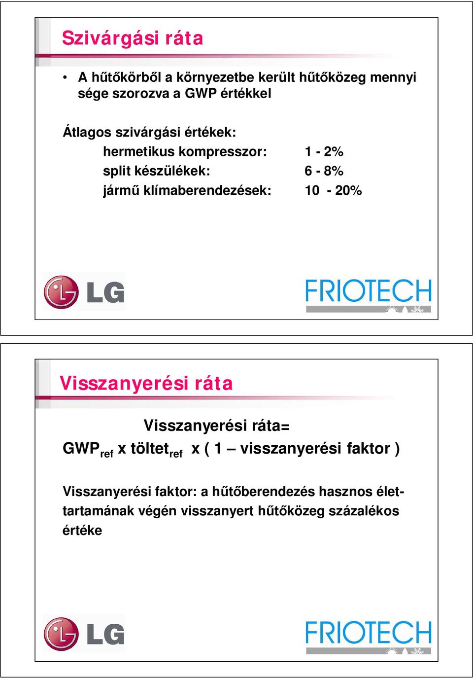 klímaberendezések: 10-20% Visszanyerési ráta Visszanyerési ráta= GWP ref x töltet ref x ( 1