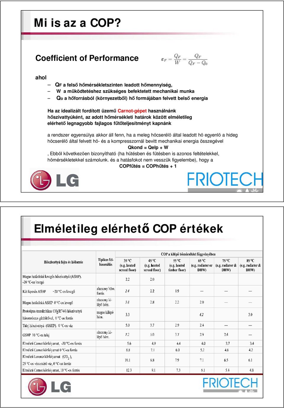 energia Ha az idealizált fordított üzem Carnot-gépet használnánk szivattyúként, az adott h mérsékleti határok között elméletileg elérhet legnagyobb fajlagos f teljesítményt kapnánk a rendszer