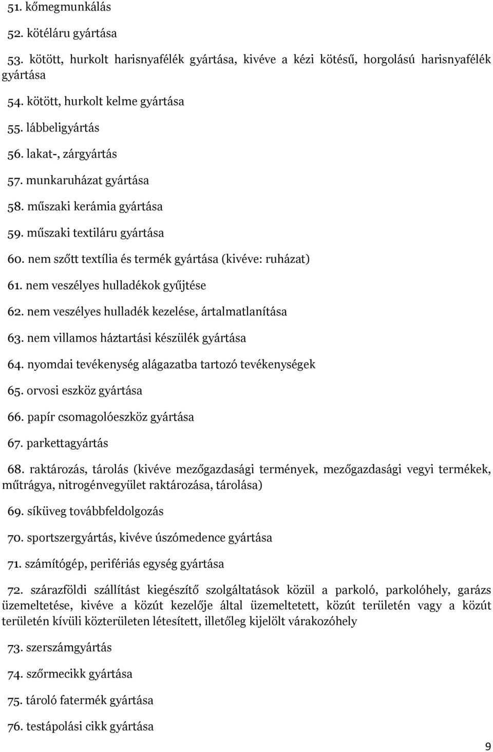 nem veszélyes hulladékok gyűjtése 62. nem veszélyes hulladék kezelése, ártalmatlanítása 63. nem villamos háztartási készülék gyártása 64. nyomdai tevékenység alágazatba tartozó tevékenységek 65.