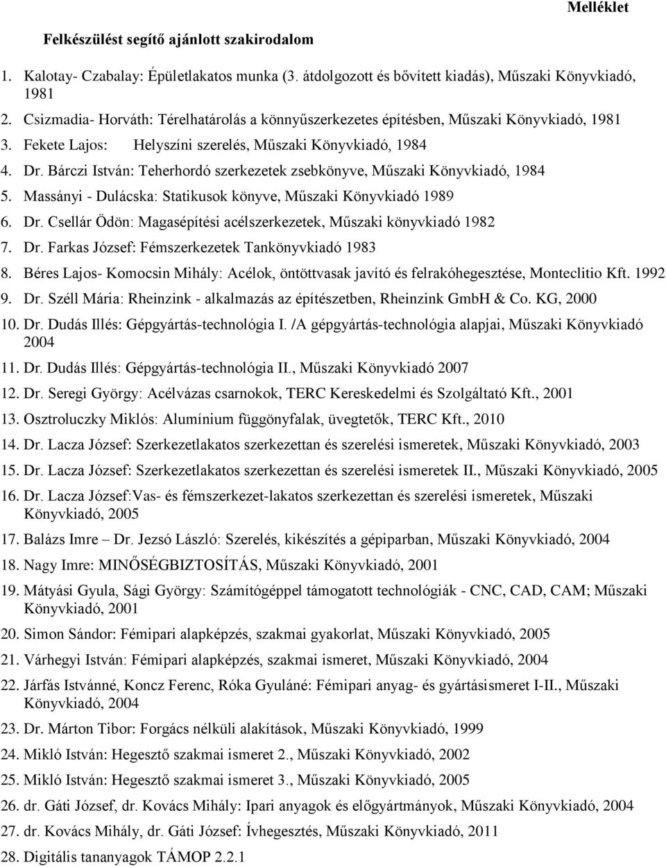 Bárczi István: Teherhordó szerkezetek zsebkönyve, Műszaki Könyvkiadó, 1984 5. Massányi - Dulácska: Statikusok könyve, Műszaki Könyvkiadó 1989 6. Dr.