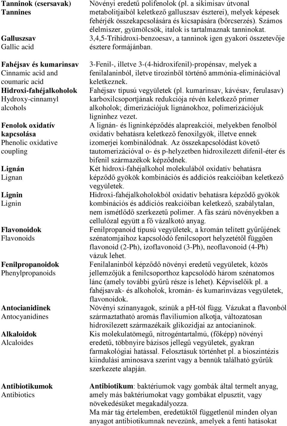 polifenolok (pl. a sikimisav útvonal metabolitjaiból keletkező galluszsav észterei), melyek képesek fehérjék összekapcsolására és kicsapására (bőrcserzés).