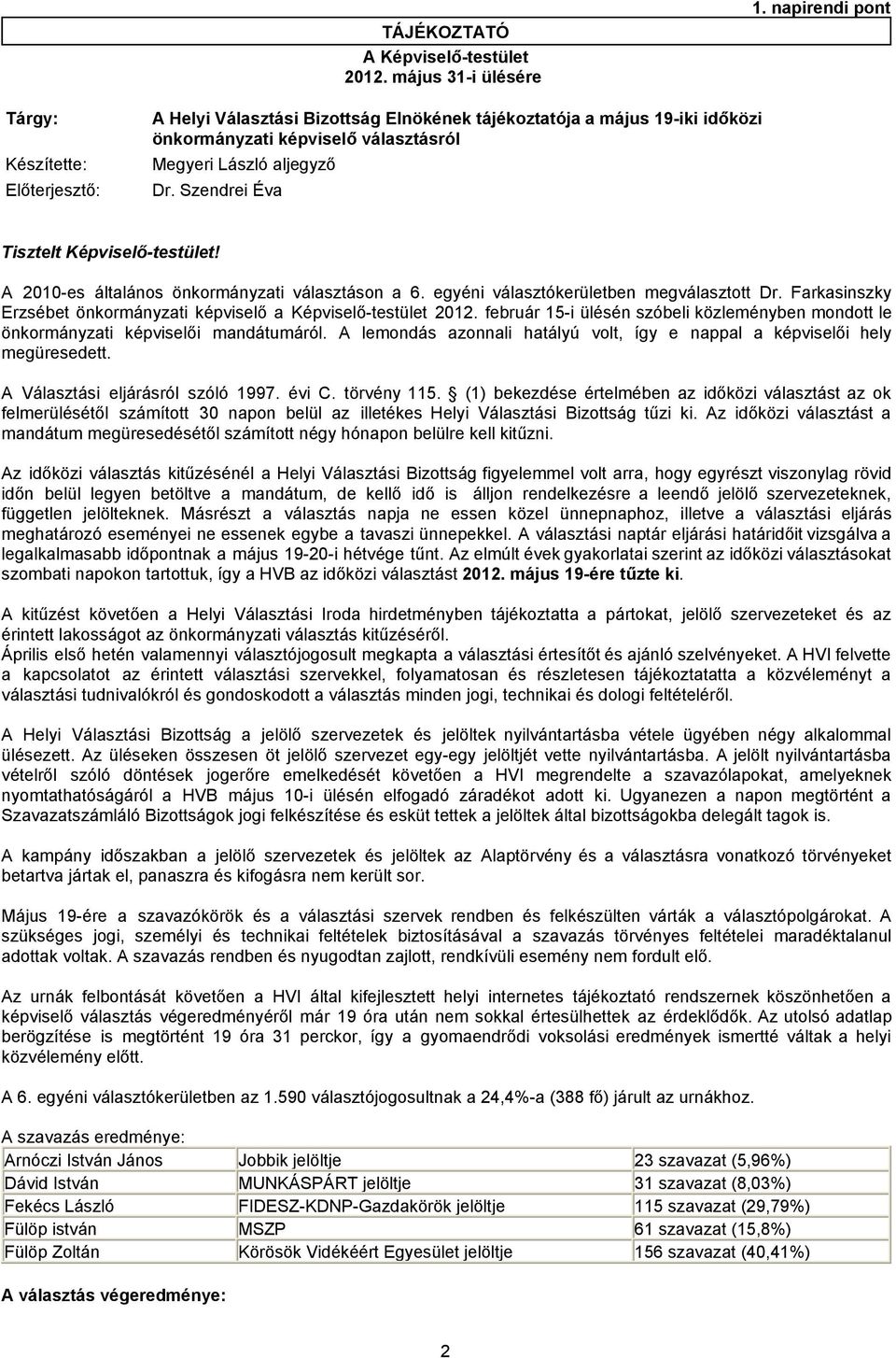 Szendrei Éva Tisztelt Képviselő-testület! A 2010-es általános önkormányzati választáson a 6. egyéni választókerületben megválasztott Dr.