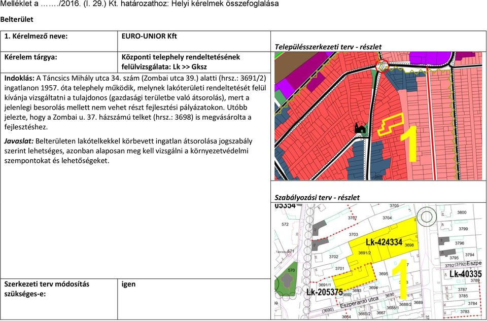 óta telephely működik, melynek lakóterületi rendeltetését felül kívánja vizsgáltatni a tulajdonos (gazdasági területbe való átsorolás), mert a jelenlegi besorolás mellett nem vehet részt