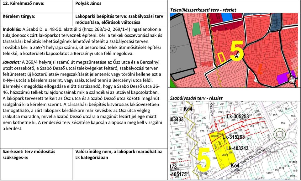 Kéri a telkek összevonásának és társasházi beépítés lehetőségének lehetővé tételét a szabályozási terven.
