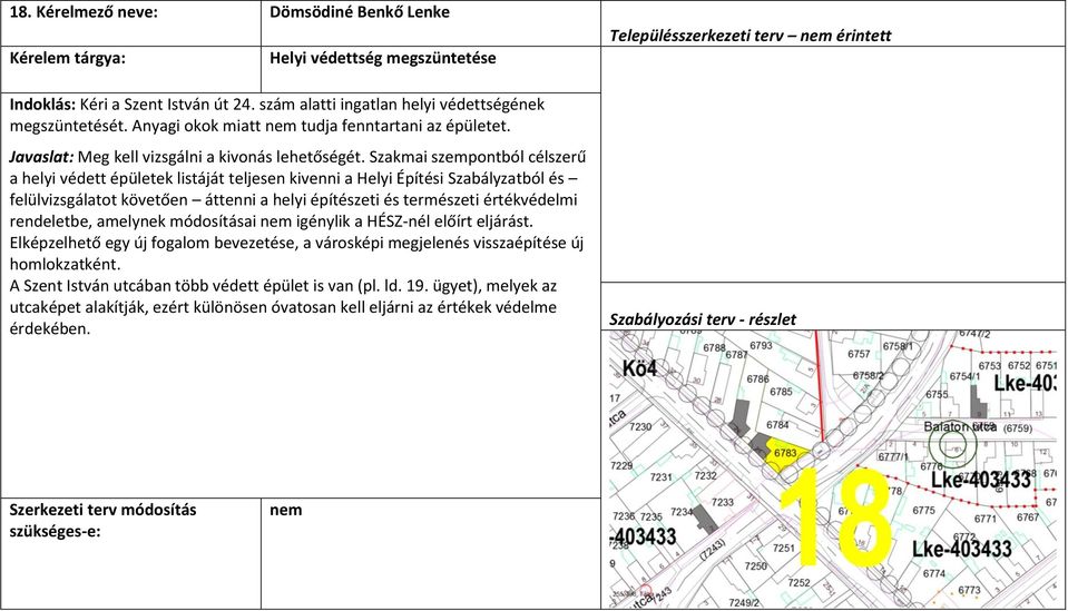 Szakmai szempontból célszerű a helyi védett épületek listáját teljesen kivenni a Helyi Építési Szabályzatból és felülvizsgálatot követően áttenni a helyi építészeti és természeti értékvédelmi