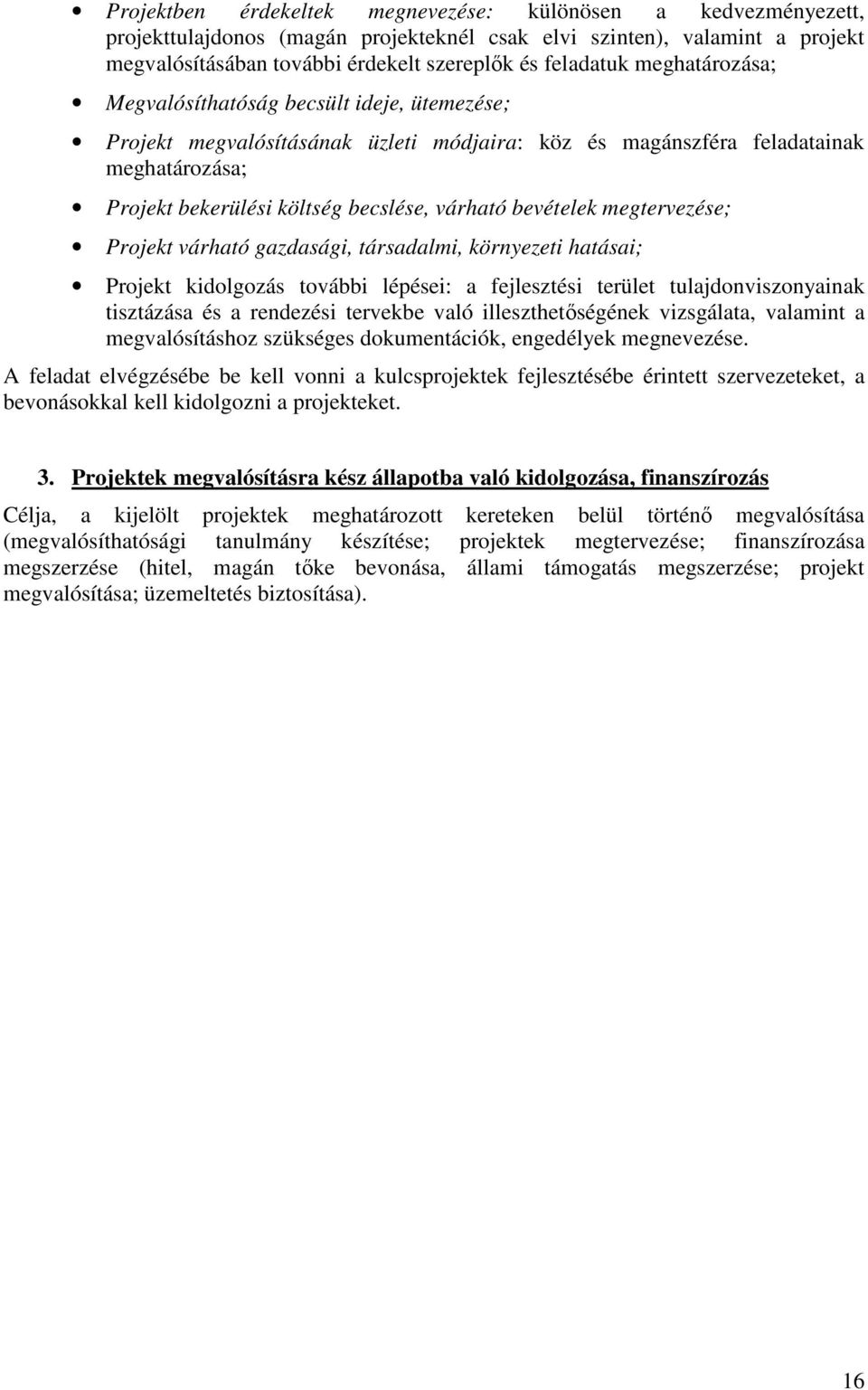 bevételek megtervezése; Projekt várható gazdasági, társadalmi, környezeti hatásai; Projekt kidolgozás további lépései: a fejlesztési terület tulajdonviszonyainak tisztázása és a rendezési tervekbe