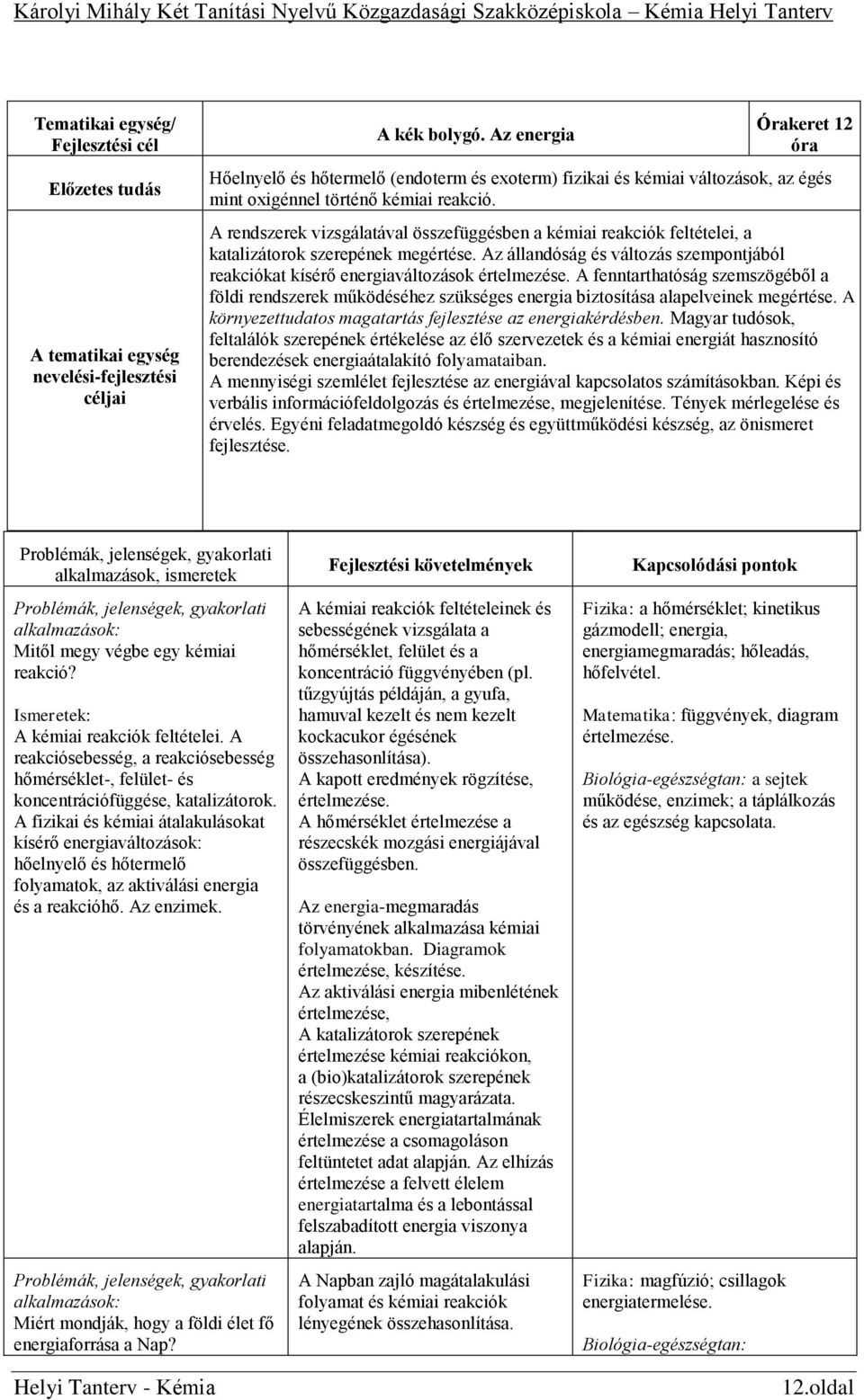 Az állandóság és változás szempontjából reakciókat kísérő energiaváltozások A fenntarthatóság szemszögéből a földi rendszerek működéséhez szükséges energia biztosítása alapelveinek megértése.