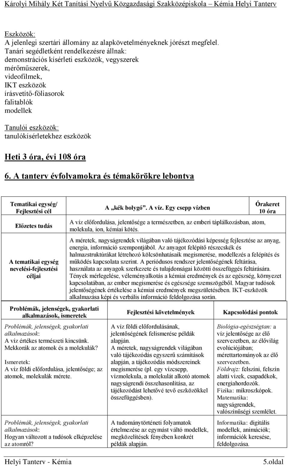 tanulókísérletekhez eszközök Heti 3 óra, évi 108 óra 6. A tanterv évfolyamokra és témakörökre lebontva A víz értékes természeti kincsünk. Mekkorák az atomok és a molekulák?