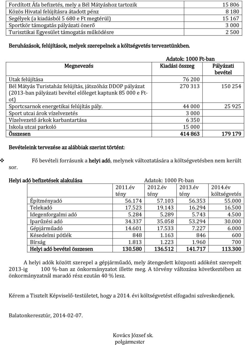 Adatok: 1000 Ft-ban Megnevezés i összeg Pályázati bevétel Utak felújítása 76 200 Bél Mátyás Turistaház felújítás, játszóház DDOP pályázat 270 313 150 254 (2013-ban pályázati bevétel előleget kaptunk