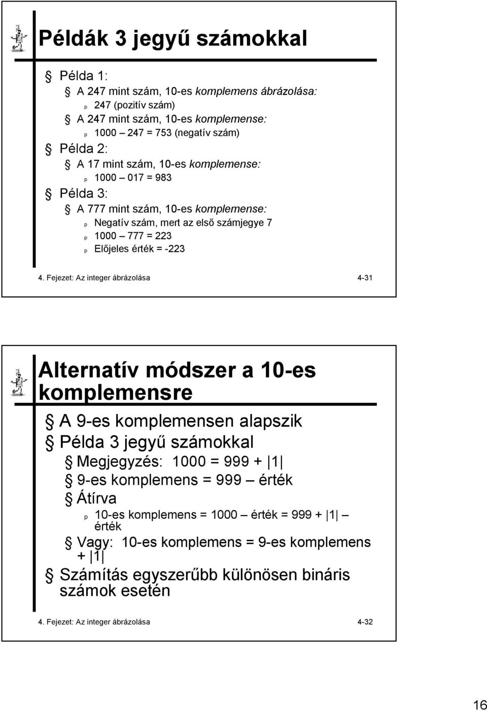 Fejezet: Az integer ábrázolása 4-31 Alternatív módszer a 10-es komplemensre A 9-es komplemensen alapszik Példa 3 jegyű számokkal Megjegyzés: 1000 999 + 1 9-es komplemens 999 érték