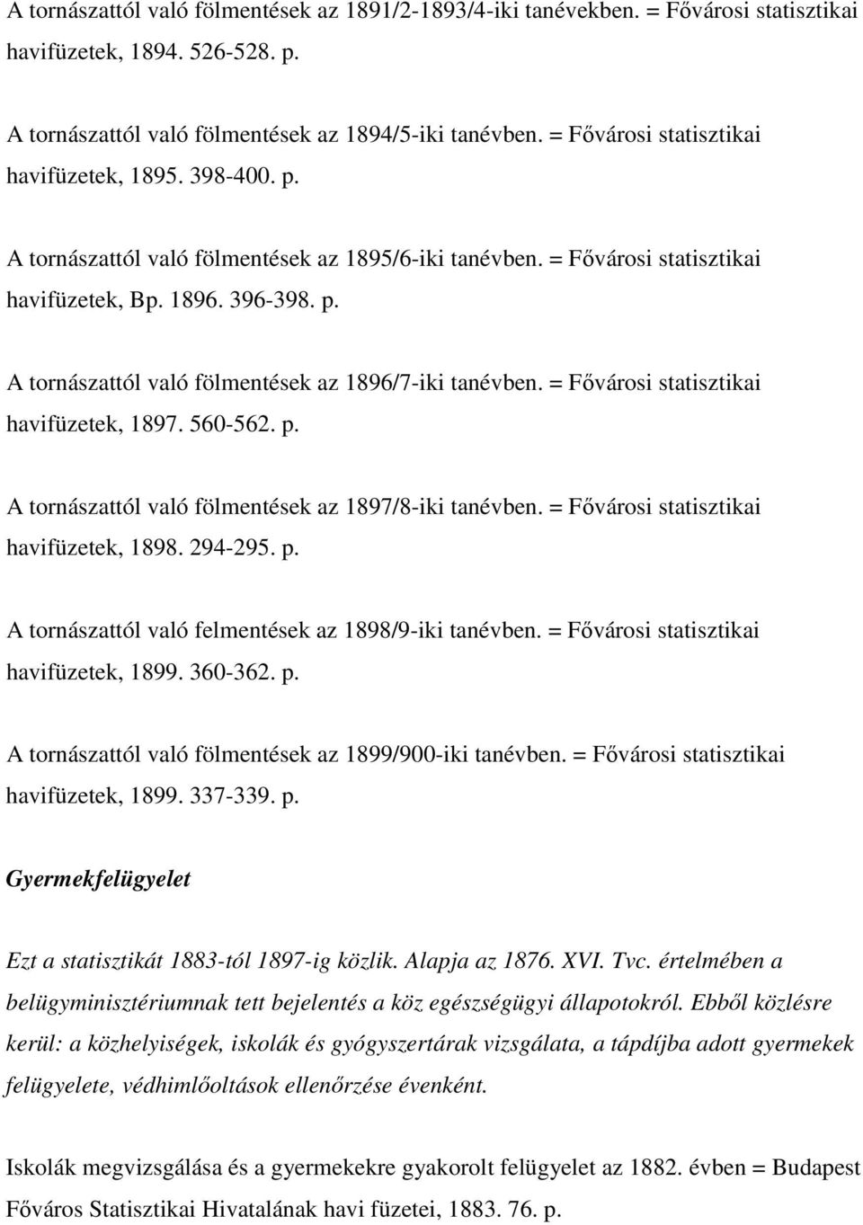 = Fıvárosi statisztikai havifüzetek, 1897. 560-562. p. A tornászattól való fölmentések az 1897/8-iki tanévben. = Fıvárosi statisztikai havifüzetek, 1898. 294-295. p. A tornászattól való felmentések az 1898/9-iki tanévben.