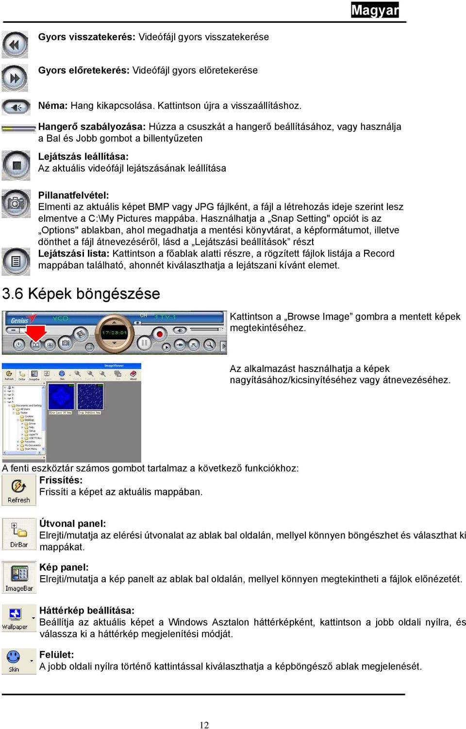 Pillanatfelvétel: Elmenti az aktuális képet BMP vagy JPG fájlként, a fájl a létrehozás ideje szerint lesz elmentve a C:\My Pictures mappába.