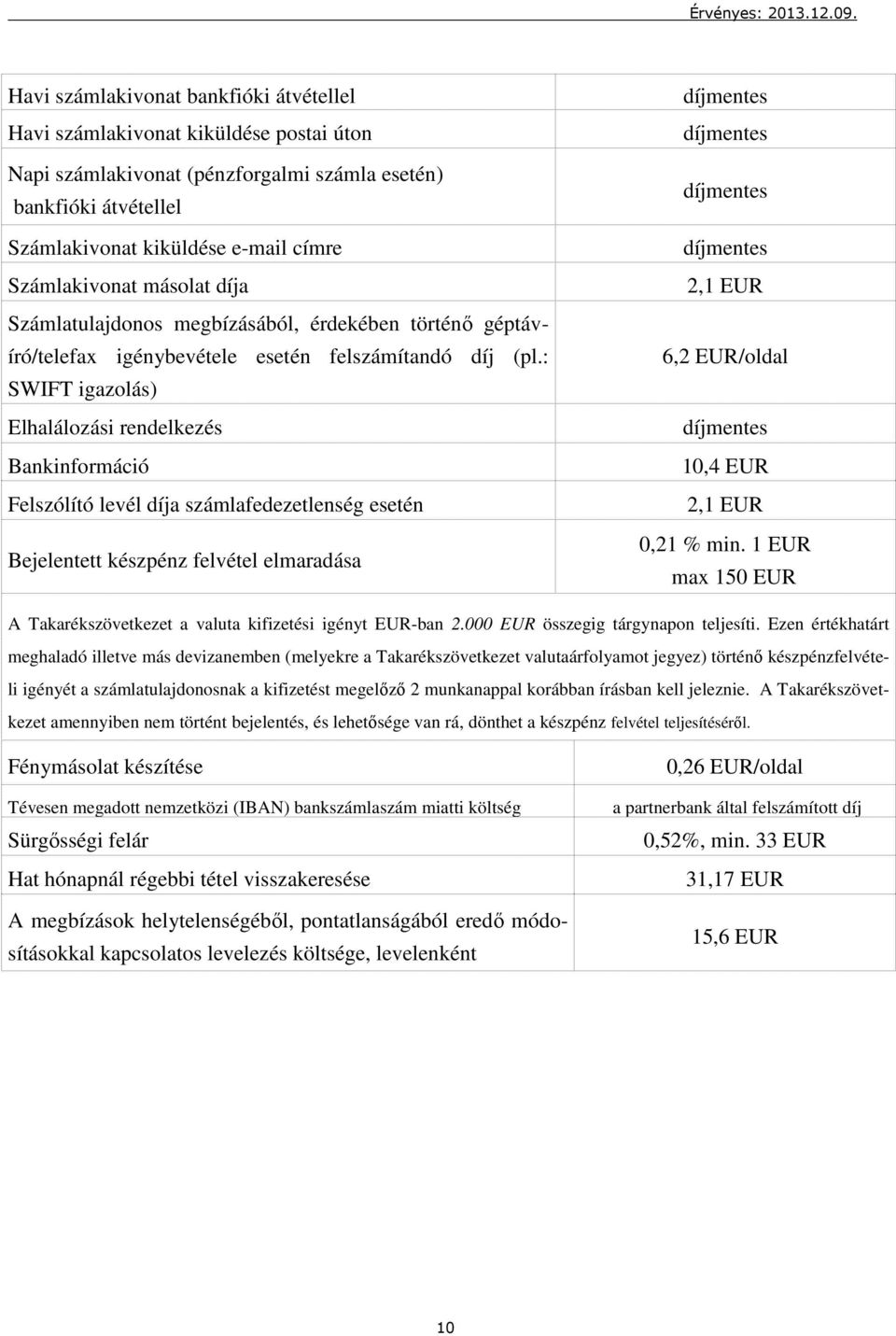 : SWIFT igazolás) Elhalálozási rendelkezés Bankinformáció Felszólító levél díja számlafedezetlenség esetén Bejelentett készpénz felvétel elmaradása 2,1 EUR 6,2 EUR/oldal 10,4 EUR 2,1 EUR 0,21 % min.