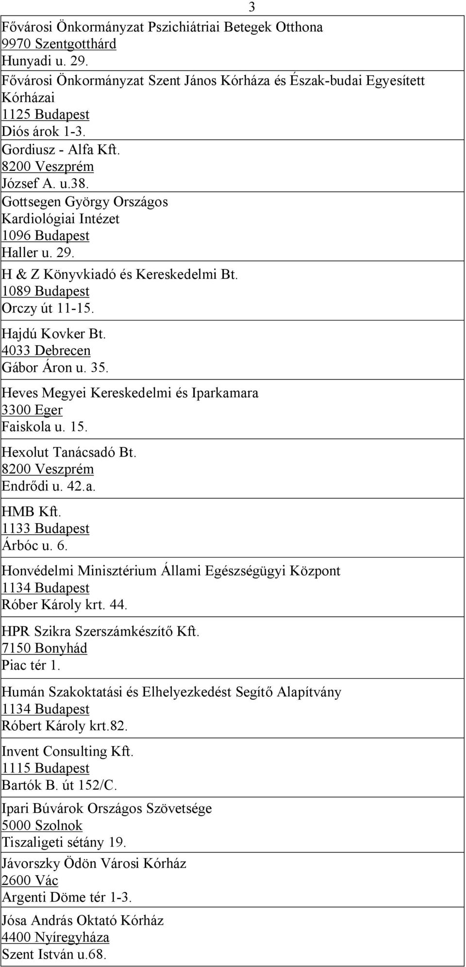 Hajdú Kovker Bt. 4033 Debrecen Gábor Áron u. 35. Heves Megyei Kereskedelmi és Iparkamara 3300 Eger Faiskola u. 15. Hexolut Tanácsadó Bt. 8200 Veszprém Endrődi u. 42.a. HMB Kft. 1133 Budapest Árbóc u.