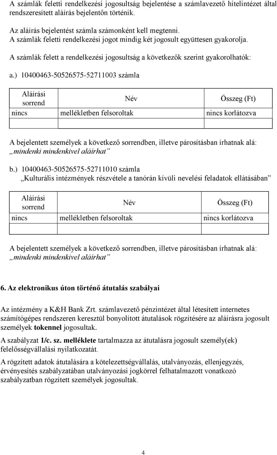 ) 10400463-50526575-52711003 számla Aláírási sorrend Név Összeg (Ft) nincs mellékletben felsoroltak nincs korlátozva A bejelentett személyek a következő sorrendben, illetve párosításban írhatnak alá: