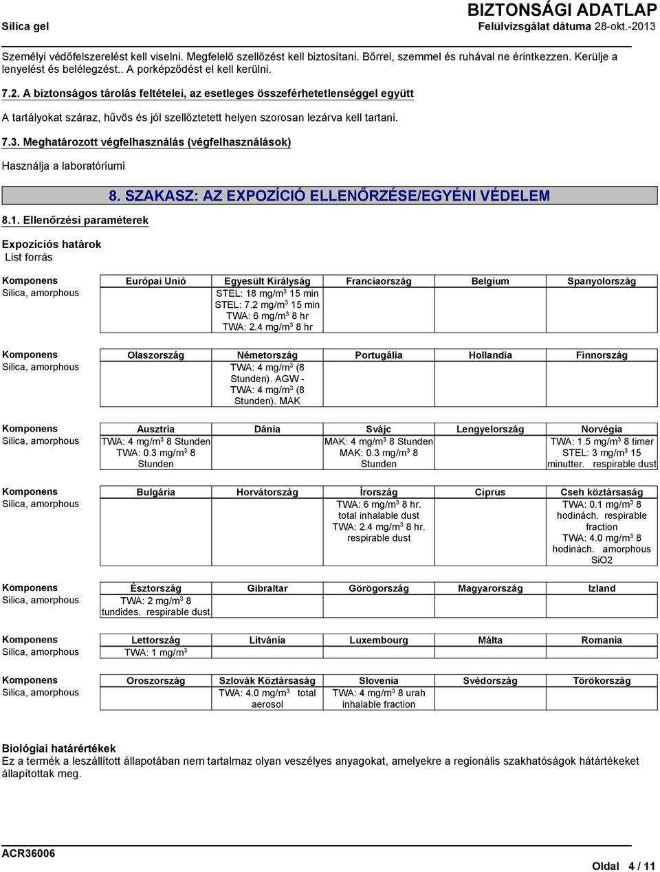 Meghatározott végfelhasználás (végfelhasználások) Használja a laboratóriumi 8.1. Ellenőrzési paraméterek Expozíciós határok List forrás 8.