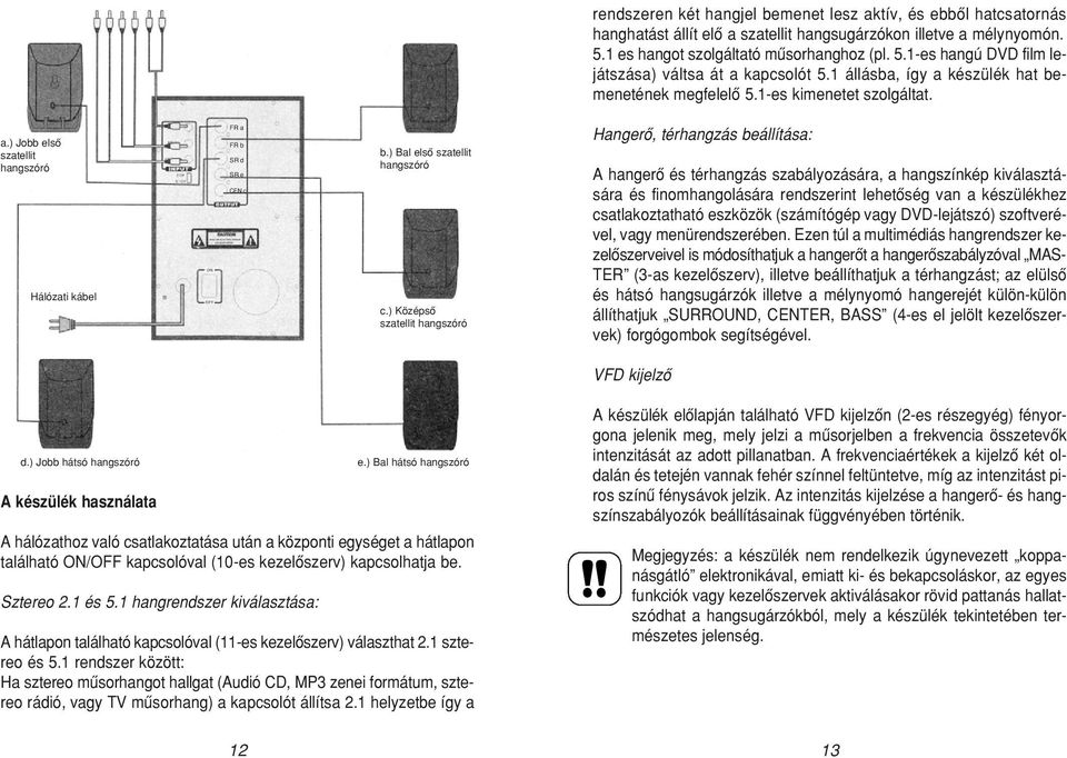 ) Középsô szatellit hangszóró Hangerô, térhangzás beállítása: A hangerô és térhangzás szabályozására, a hangszínkép kiválasztására és finomhangolására rendszerint lehetôség van a készülékhez