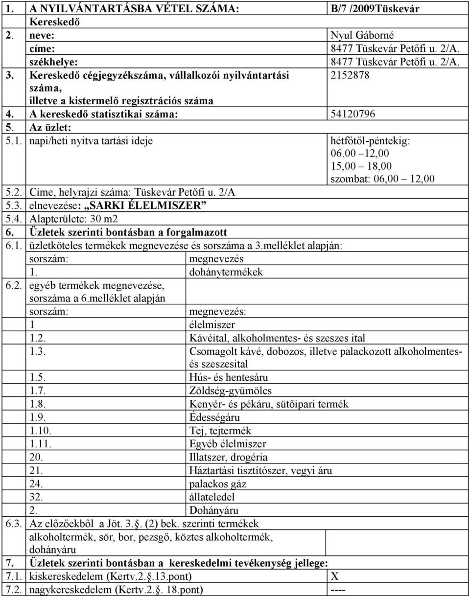 elnevezése: SARKI ÉLELMISZER 54 Alapterülete: 30 m2 6 Üzletek szerinti bontásban a forgalmazott 61 üzletköteles termékek e és sorszáma a 3melléklet alapján: 1 dohánytermékek 62 egyéb termékek e,