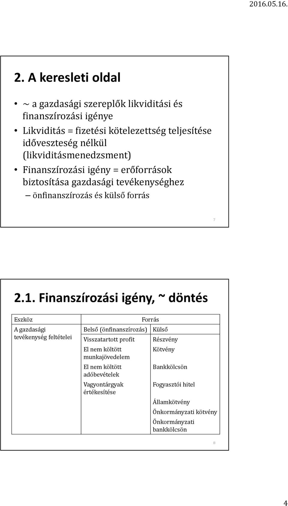 Finanszírozási igény, ~ döntés Eszköz A gazdasági tevékenység feltételei Forrás Belső (önfinanszírozás) Külső Visszatartott profit El nem költött