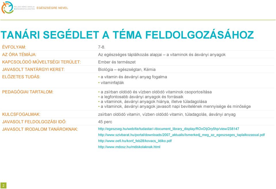 a vitamin és ásványi anyag fogalma vitaminfajták PEDAGÓGIAI TARTALOM: KULCSFOGALMAK: JAVASOLT FELDOLGOZÁSI IDŐ: JAVASOLT IRODALOM TANÁROKNAK: a zsírban oldódó és vízben oldódó vitaminok