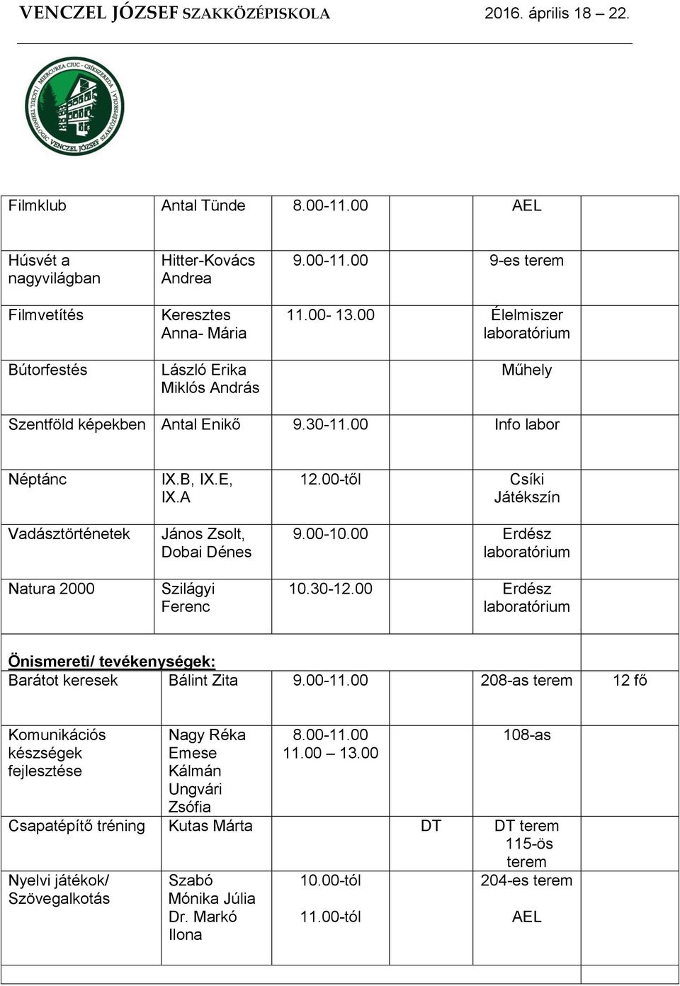 00-től Csíki Játékszín Vadásztörténetek Natura 2000 János Zsolt, Dobai Dénes Szilágyi Ferenc 9.00-10.00 Erdész 10.30-12.00 Erdész Önismereti/ tevékenységek: Barátot keresek Bálint Zita 9.