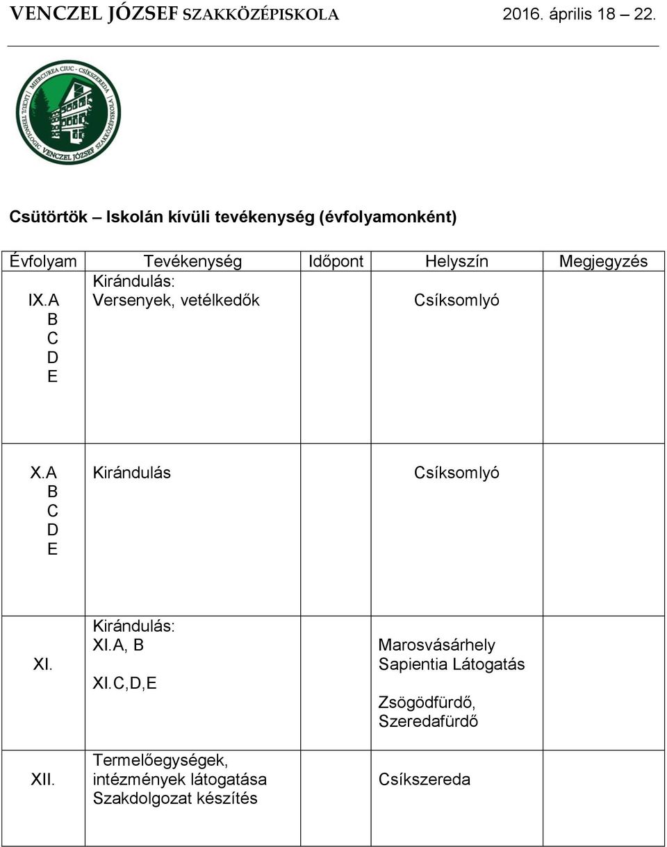 A B C D E Kirándulás Csíksomlyó XI. XII. Kirándulás: XI.A, B XI.