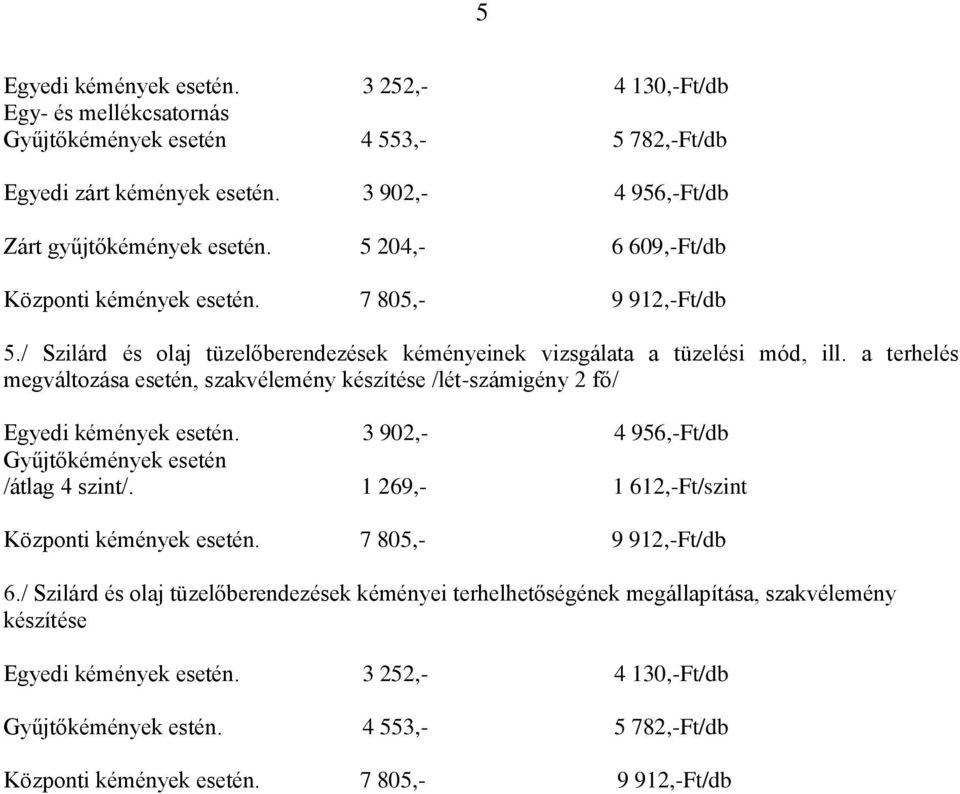 a terhelés megváltozása esetén, szakvélemény készítése /lét-számigény 2 fő/ Egyedi kémények esetén. 3 902,- 4 956,-Ft/db Gyűjtőkémények esetén /átlag 4 szint/.