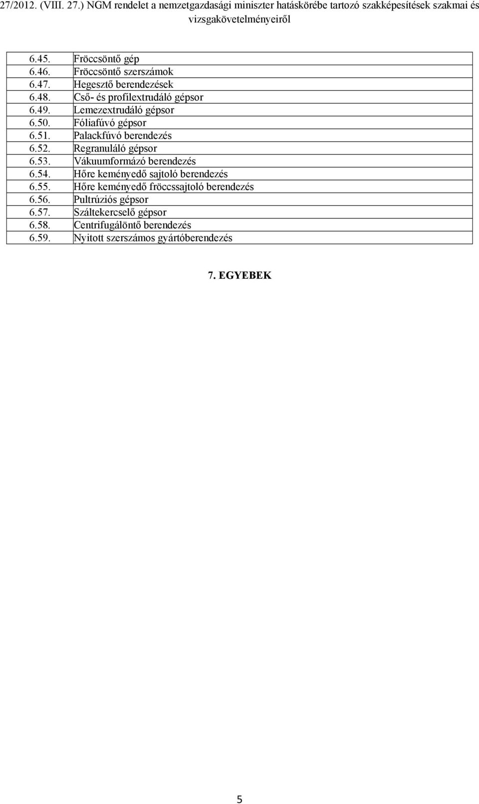 Vákuumformázó berendezés 6.54. Hőre keményedő sajtoló berendezés 6.55. Hőre keményedő fröccssajtoló berendezés 6.56.