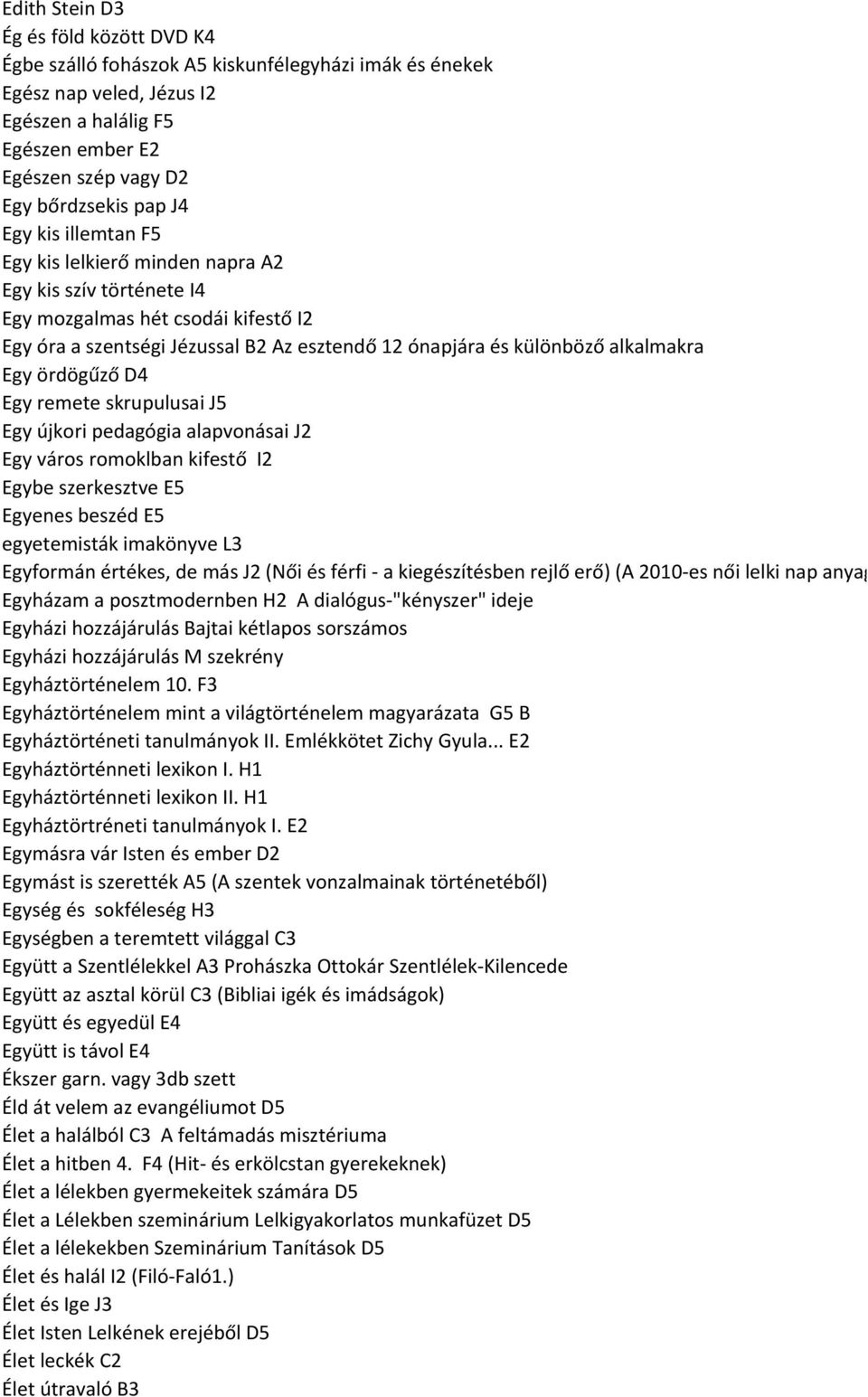 Egy ördögűző D4 Egy remete skrupulusai J5 Egy újkori pedagógia alapvonásai J2 Egy város romoklban kifestő I2 Egybe szerkesztve E5 Egyenes beszéd E5 egyetemisták imakönyve L3 Egyformán értékes, de más