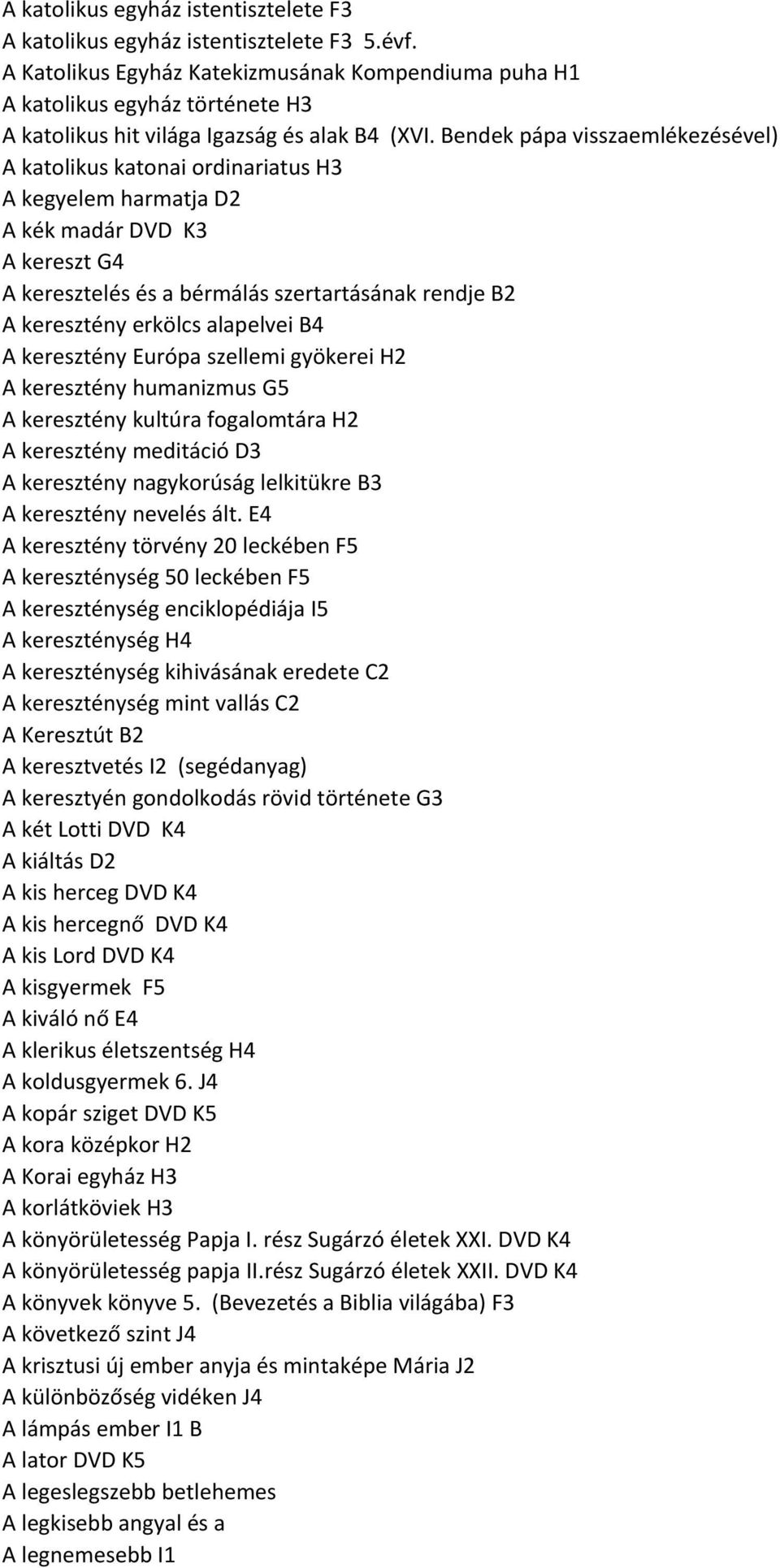 Bendek pápa visszaemlékezésével) A katolikus katonai ordinariatus H3 A kegyelem harmatja D2 A kék madár DVD K3 A kereszt G4 A keresztelés és a bérmálás szertartásának rendje B2 A keresztény erkölcs