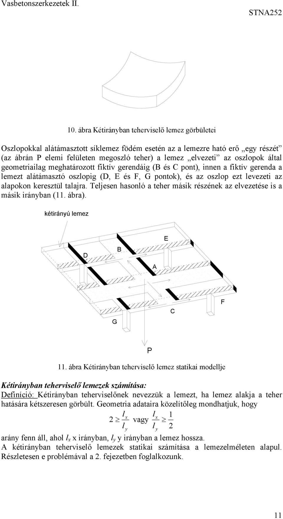 által geometriailag meghatározott fiktív gerendáig (B és C pont), innen a fiktív gerenda a lemezt alátámasztó oszlopig (D, E és F, G pontok), és az oszlop ezt levezeti az alapokon keresztül talajra.