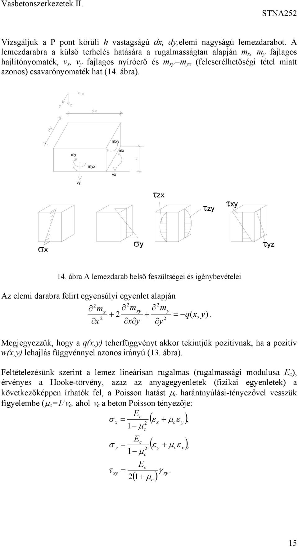 m m m m v v τz τz τ σ σ τz 14. ábra A lemezdarab belső feszültségei és igénbevételei Az elemi darabra felírt egensúli egenlet alapján m m m + + = q(, ).