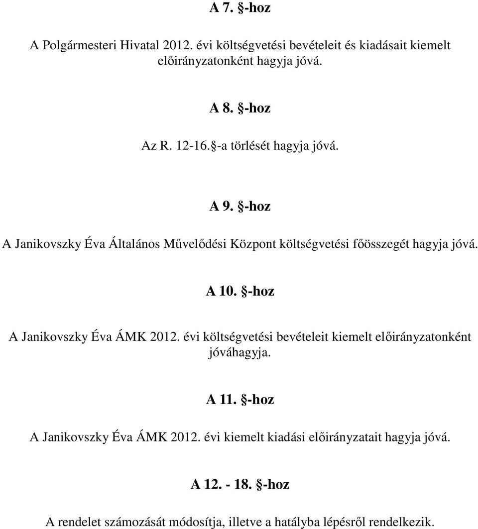 -hoz A Janikovszky Éva ÁMK 2012. évi költségvetési bevételeit kiemelt előirányzatonként jóváhagyja. A 11.