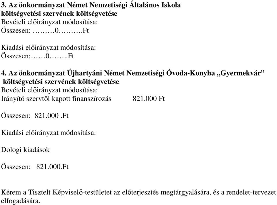 Az önkormányzat Újhartyáni Német Nemzetiségi Óvoda-Konyha Gyermekvár költségvetési szervének költségvetése Bevételi előirányzat módosítása: