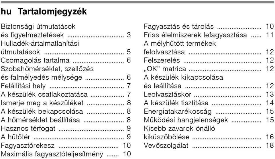 .. 9 Fagyasztórekesz... 10 Maximális fagyasztóteljesítmény... 10 Fagyasztás és tárolás... 10 Friss élelmiszerek lefagyasztása... 11 Amélyhűtött termékek felolvasztása... 12 Felszerelés.