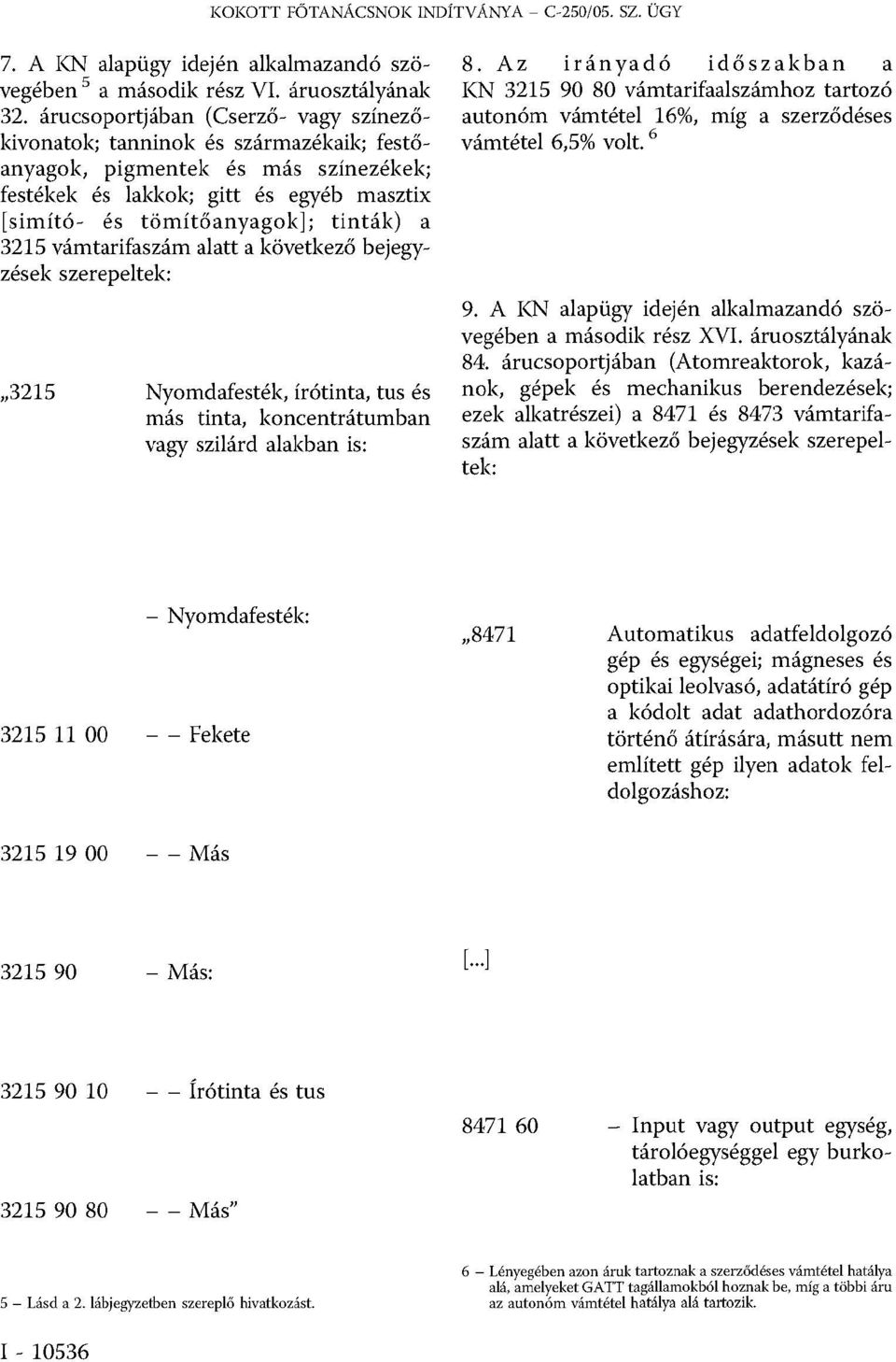 3215 vámtarifaszám alatt a következő bejegyzések szerepeltek: 3215 Nyomdafesték, írótinta, tus és más tinta, koncentrátumban vagy szilárd alakban is: 8.