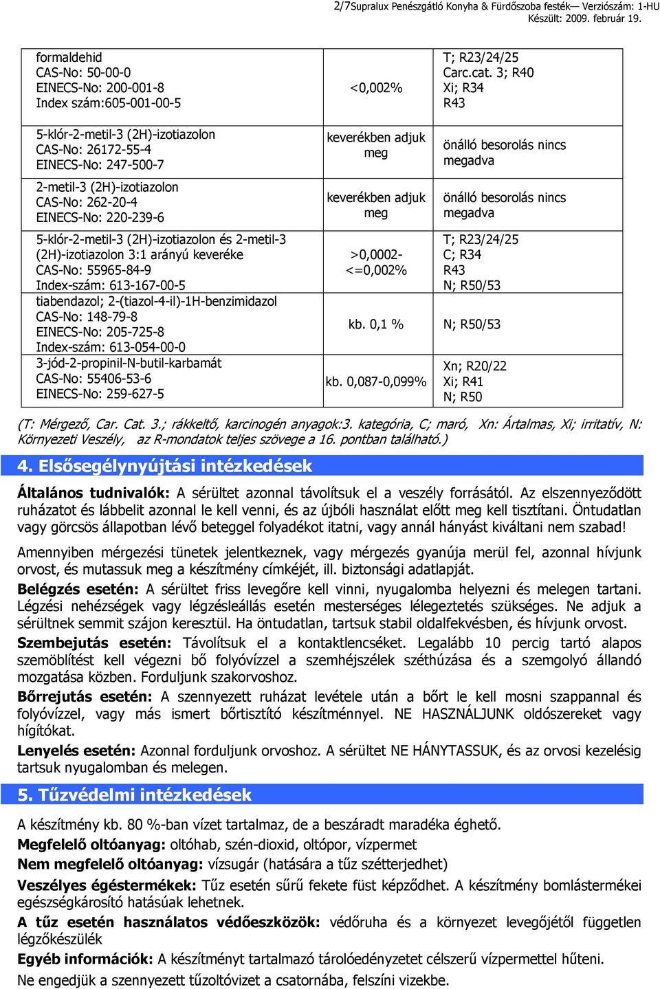 2-metil-3 (2H)-izotiazolon 3:1 arányú keveréke CAS-No: 55965-84-9 Index-szám: 613-167-00-5 tiabendazol; 2-(tiazol-4-il)-1H-benzimidazol CAS-No: 148-79-8 EINECS-No: 205-725-8 Index-szám: 613-054-00-0